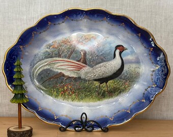 La Française Platter: Antique Semi-Porcelain Pheasant Scene, Cobalt Blue