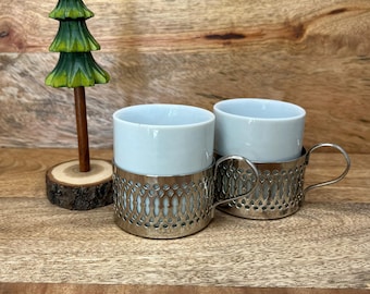 Vintage Polish Koszyczki Demitasse Cups Set of 2 White Porcelain EspressoMid Century Coffee Service