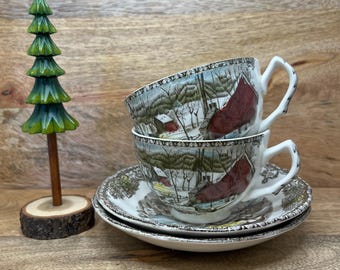 Vintage Johnson Brothers Friendly Village Ice House Cups & Saucers Set (Made in England)