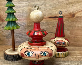 Signed 1988 Poole People Folk Art Ornaments, Hand-Painted Wooden Christmas Figures (Pair)