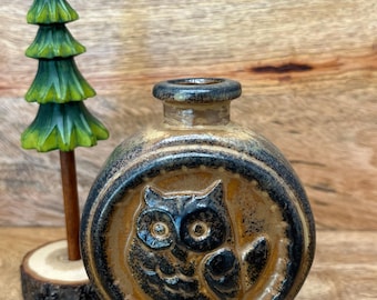 Vintage Japanese Stoneware Owl Bud Vase, 1970s Folk Art Pottery