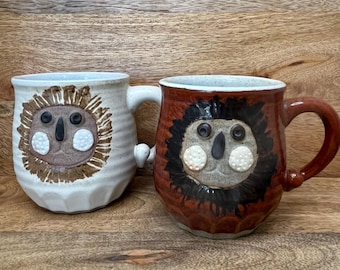 Vintage Takahashi Lion Stoneware Mugs, 1970s Japanese Pottery, Chunky Handles