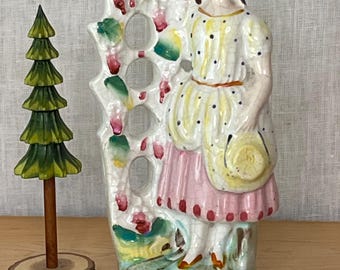 Antique Staffordshire Lady with Grape Vine Figure, Victorian English Flatback Figurine, c. 1850–1870