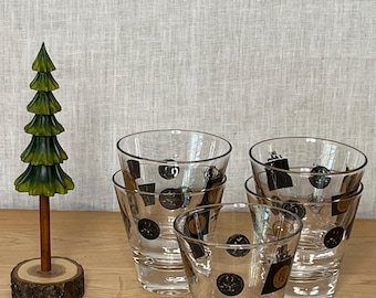 Vintage Mid-Century Coin Cocktail Glasses, Black Gold Lowball Tumblers (Set of 5)