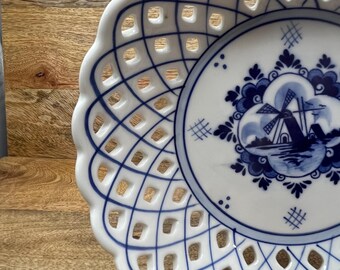Vintage Delfter Schale mit Gittermuster | Handbemalte, durchbrochene Keramikschale mit Windmühlenmotiv | Blau-weißes Dekor
