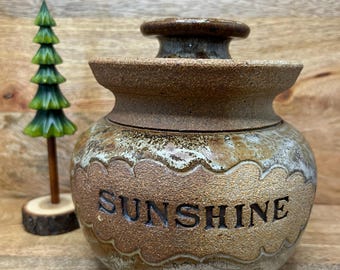 Vintage Studio Pottery Sunshine Jar with Lid | Rustic Glazed Stoneware, 1970s Folk Art Decor