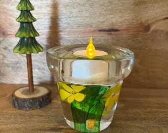 Vintage Johansfors Swedish Art Glass Tealight Holder, Signed Ch Ramsey, Yellow Flowers, Hand Blown Glass Candleholder