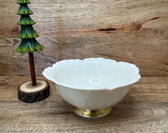 Vintage Lenox Ivory Porcelain Pedestal Bowl, 24K Gold Foot, Scalloped Floral Nut Candy Dish