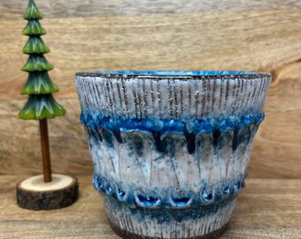 Vintage MCM Fat Lava Ceramic Planter, Blue White Glaze, 1960s Art Pottery Cachepot
