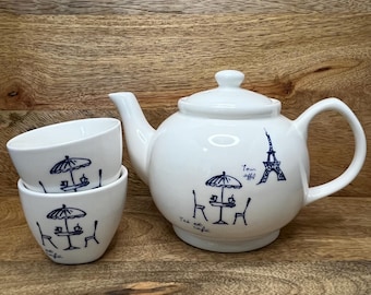 Paris Café Porzellan-Teekannen-Set, Eiffelturm-blaue und weiße Teetassen (3-teilig)