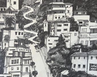 ヴィンテージのサンフランシスコ鉛筆画：1974年ゴールデンゲートの建築スケッチ（サイン入り、額装なし）