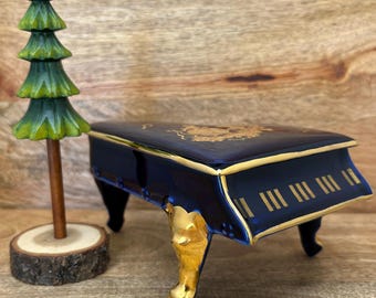 Vintage Limoges Porcelain Trinket Box, Cobalt Blue Gold French Grand Piano, Made in France