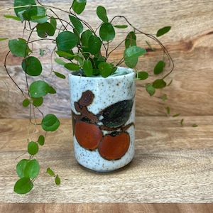 May include: A small, cylindrical ceramic vase with a speckled, light blue glaze. The vase features a hand-painted design of two orange persimmons with green leaves. The vase is filled with a trailing green plant with small, round leaves.