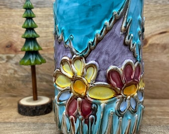 Vintage Fratelli Fanciullacci Vase #4109, Italian Art Pottery, Turquoise Floral Relief, 1950s MCM Italy