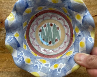 Vintage MacKenzie-Childs Aalsmeer Bowl, Hand Painted Ceramic Fruit Sauce Salad Dessert Bowl, Aurora NY