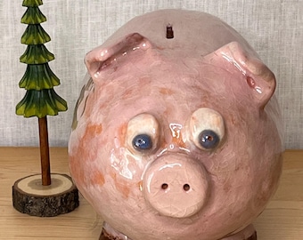 Vintage 1970s Kids Ceramic Pink Piggy Bank, Handmade Three Legs, Funny Childhood Pottery