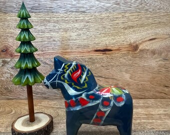 Vintage Grannas A. Olsson Blue Dala Horse, 1950s Swedish Folk Art (Original Label)