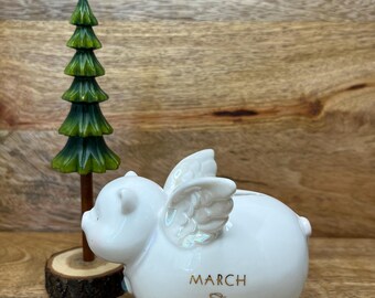 Vintage March Birthstone Porcelain Piggy, Winged Piggy Bank, Nursery Decor