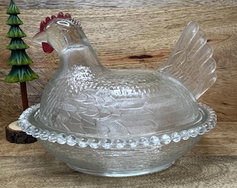 Vintage Indiana Glass Hen on Nest Covered Candy Dish, Clear Beaded Glass, Red Comb