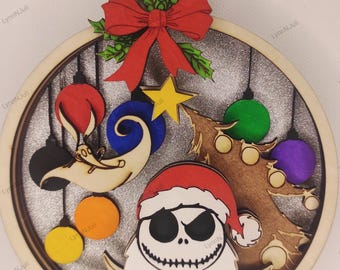May include: Wooden Christmas ornament featuring a circular design with a red bow, Jack Skellington in a Santa hat, and other festive elements. The ornament has a natural wood finish with painted details and a red ribbon for hanging.