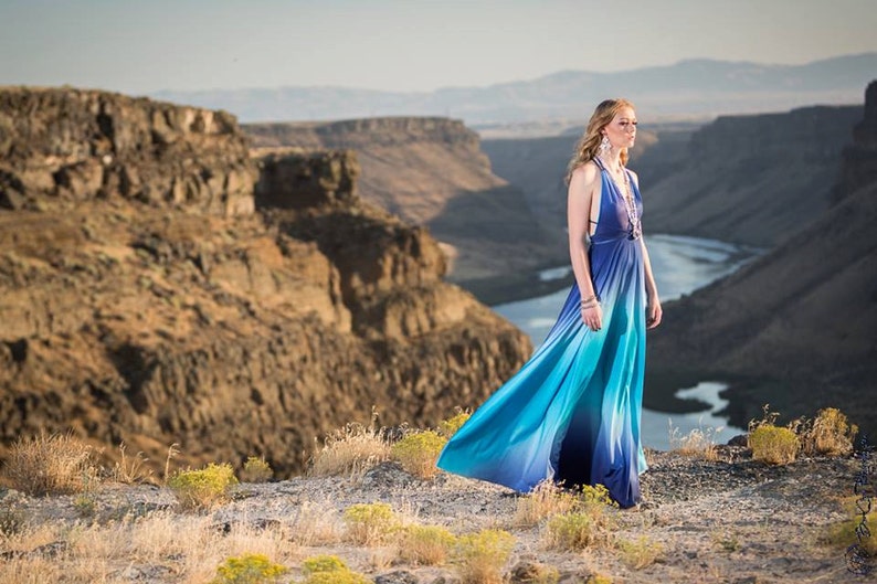 Blue Skies Ombre Satin Jersey Deep V Halter Gown