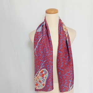 Vintage Japanese Fabric Scrap Dyed Kimono Remnant Blue Red Floral Cloth 124x35cm Craft Supply