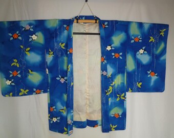 Vintage Haori Kimono Jacket Blue Silk Blend Yuzen Floral Bokashi Hand Painted Japanese Kimono Cardigan Taisho Romantic Showa Era