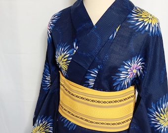 Yukata vintage de algodón azul marino, kimono de verano con estampado de fuegos artificiales y estrellas, tejido ligero texturizado transparente, hecho en China.