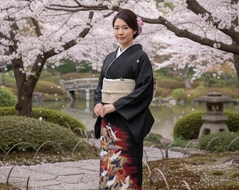 May include: A woman wearing a black kimono with a colorful crane design stands in a garden with cherry blossom trees. The kimono has a cream-colored obi and is set against a backdrop of a pond and stone lantern.