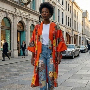 以下が含まれることがあります： オレンジ色のパッチワークのロングキモノ、白いTシャツ、パッチワークと花の刺繍が施されたジーンズを着た女性。背景には、お店と時計のある街並みが写っています。