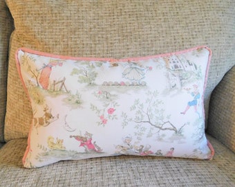NEW Over the Moon Nursery Rhyme Lumbar Pillow Cover with Baby Pink or Baby Blue Piping 12x18