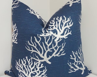 Navy Blue Ocean Coral  Pillow Covers Navy White Coral Pillow Cover All Sizes