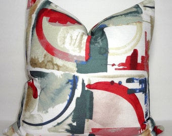 Abstract Print Pillow Cover Red Grey Blue Tan Pillow Cover Modern Pillow Cover Size 18x18