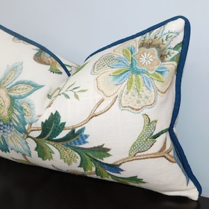 May include: A white pillow with a floral pattern in shades of green, blue, and brown. The pillow has a teal blue border.