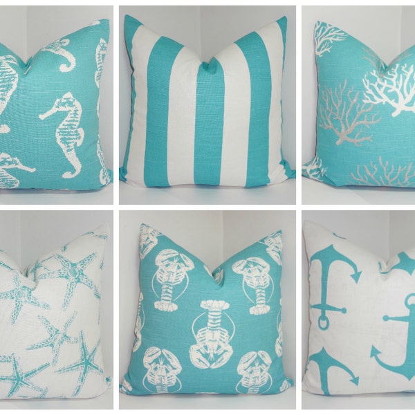 Nautical Decorative Pillow Cover Starfish Seahorse Stripe Coral Blue/White Beach Ocean Pillow Cover All Sizes