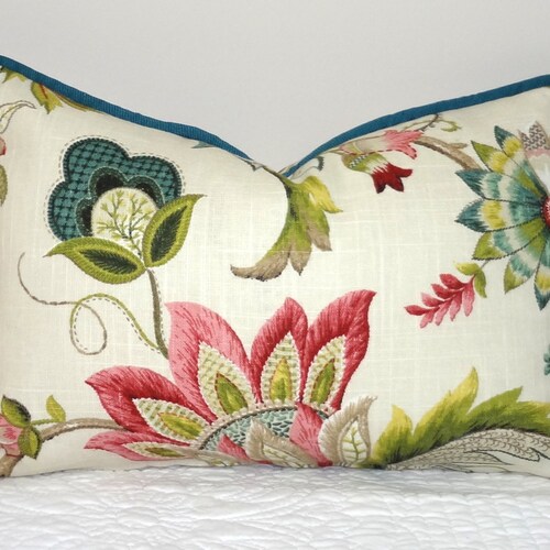 Teal Rose Floral Print Linen Pillow Cover Decorative Flower Etsy