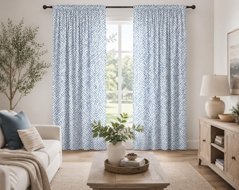 Curtain Panels Geometric Wave Blue Curtains Pair 25" Wide or 50" Wide by 63",84",90" 94",96",108"