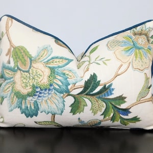 Brissac Blue Floral Print Lumbar Pillow Cover with Blue Piping Green Piping Decorative Flower Lumbar Pillow Covers Choose Size
