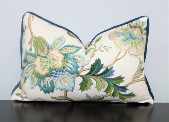 Brissac Blue Floral Print Lumbar Pillow Cover with Blue Piping Green Piping Decorative Flower Lumbar Pillow Covers Choose Size