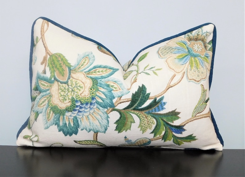 Brissac Blue Floral Print Lumbar Pillow Cover With Blue Piping Etsy