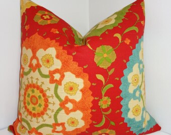 Deep Red Richloom Cornwall Cadmium Suzani Print  Pillow Cover Decorative Pillow Cover 18x18 20x20