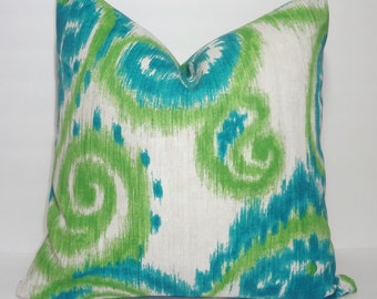 OUTDOOR Pillow Teal Green Natural Ikat Print Cushion Cover Porch Decorative Pillow 18x18