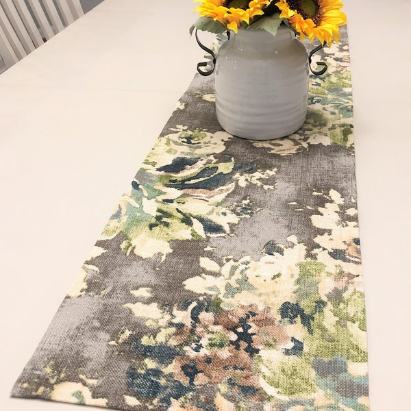 Floral Table Runner Dining Decor Taupe Grey Sage Green Choose Size 12x72 12x60 12x90 12x108