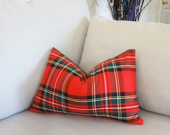 Christmas Plaid Lumbar Pillow Cover - Red, Green, and White