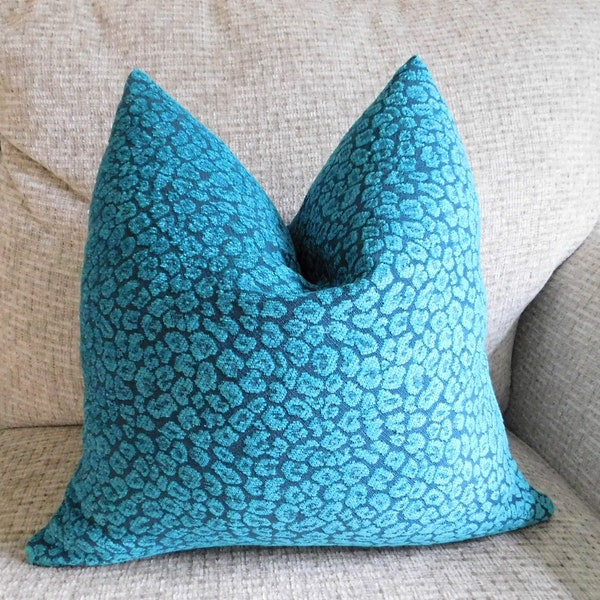 Flocked Teal Leopard Design Pillow Cover Decorative Pillow Cover Teal Animal Print Pillow Cover 18x18