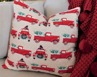 SALE Christmas Red Truck Christmas Tree  Pillow Cover Traditional Holiday Pillow Cover Red Truck Golden Retriever