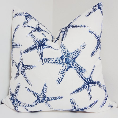 Navy Starfish Outdoor Pillow Cover, Nautical Coastal Decor