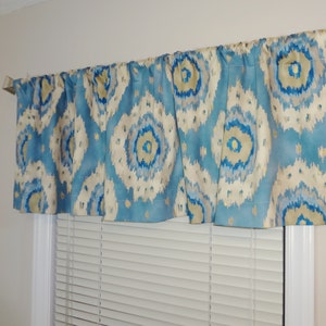 SALE Curtain Valance Topper Window Valance 52x15 Blue Metallic Gold Tan Ikat Valance