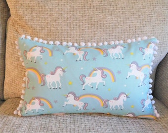 NEW Blue White Pink Rainbow Unicorn Lumbar Pillow Cover with Pom Pom