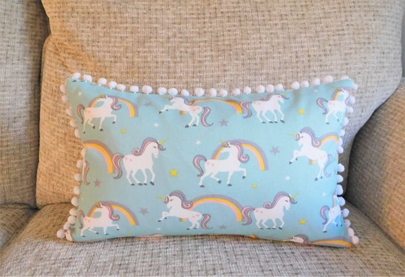 NEW Blue White Pink Rainbow Unicorn Lumbar Pillow Cover with Pom Pom
